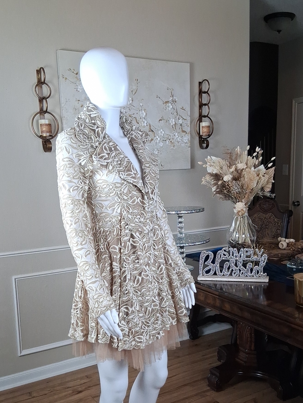 Women's Ivory And Tand Floral Lace Fit-and-Flare Coat Dress Tulle Trim Small - Picture 14 of 16